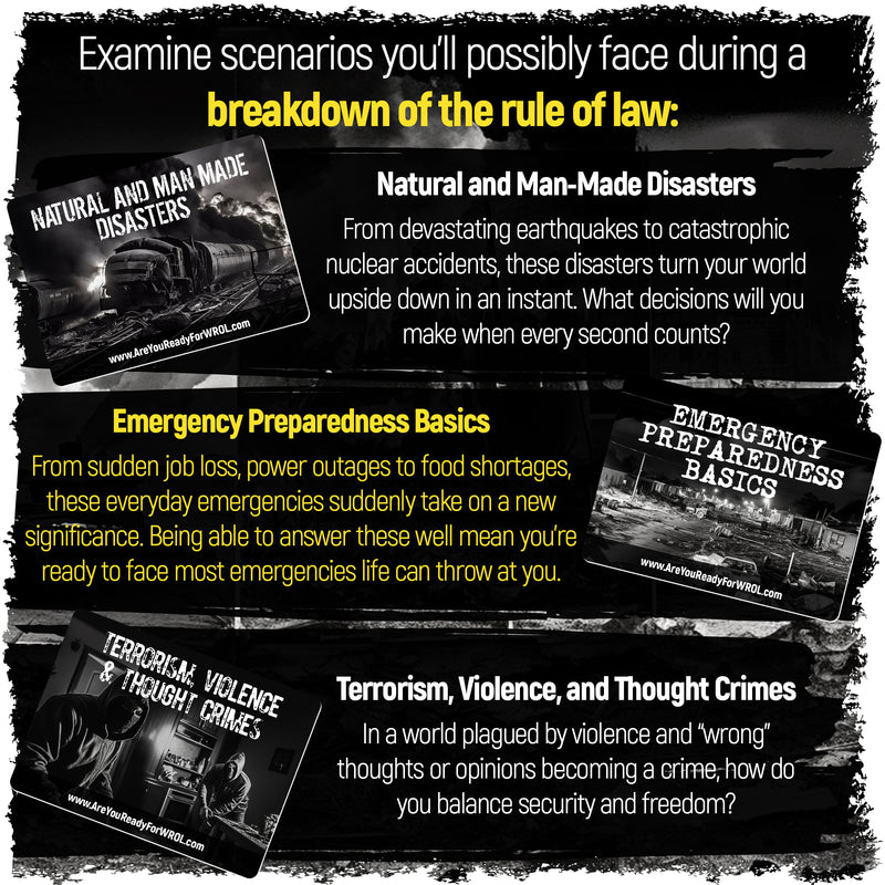 Load image into Gallery viewer, WROL: A World Without Rule Of Law: The Original Emergency Preparedness Survival Table Topic Conversation Cards. Will You, Your Friends and Family Survive The End Of Our Modern Civilization? It’s Time To Get To Know A Different Side Of Those Around You.
